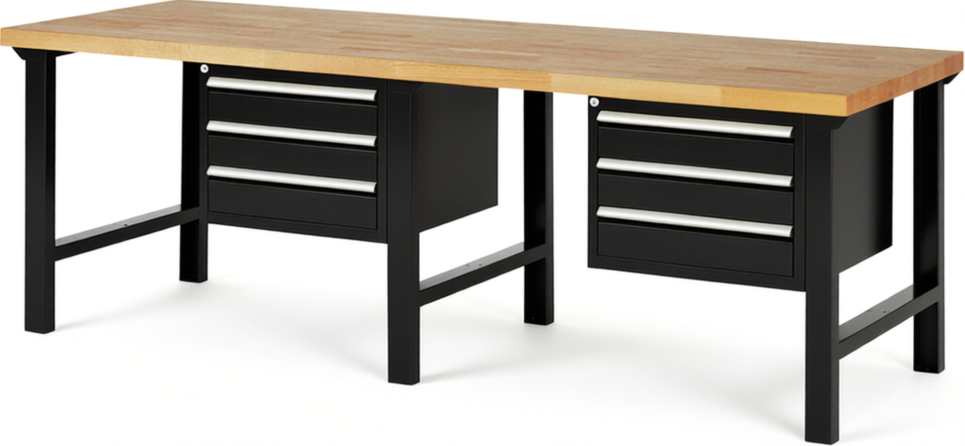 Werkbank Modell 7127 schwarz, BxTxH 2500x900x840 mm,  Buche-Massiv Arbeitsplatte 40 mm,  6 Schubladen mit  Vollauszug 100 % und  SoftClosing