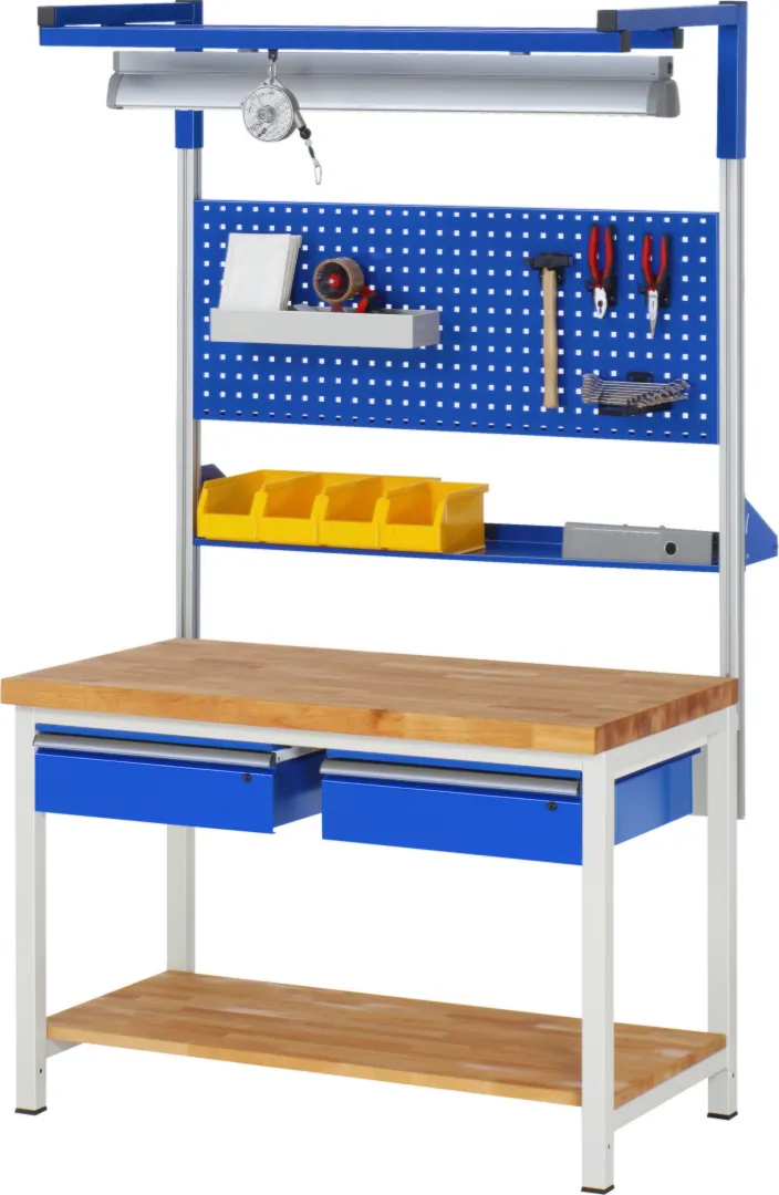 Werkbank Modell 8002,  BxTxH 1250x900x840-1040 mm,  Buche-Massiv Arbeitsplatte 40 mm,  2 Schubladen mit  Auszug 90 %