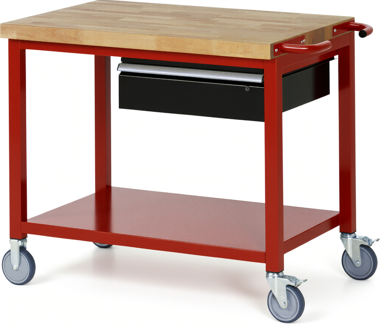 Fahrbare Werkbank Modell 8001 rot - schwarz, BxTxH 1000x700x880-1080 mm,  Buche-Massiv Arbeitsplatte 40 mm,  1 Schublade mit  Auszug 90 %