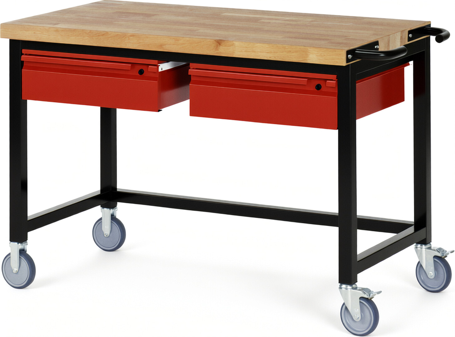 Fahrbare Werkbank - Modell 8002 BASIC schwarz-rot, BxTxH 1250x700x880 mm,  Buche-Massiv Arbeitsplatte 40 mm,  2 Schubladen mit  Auszug 90 %