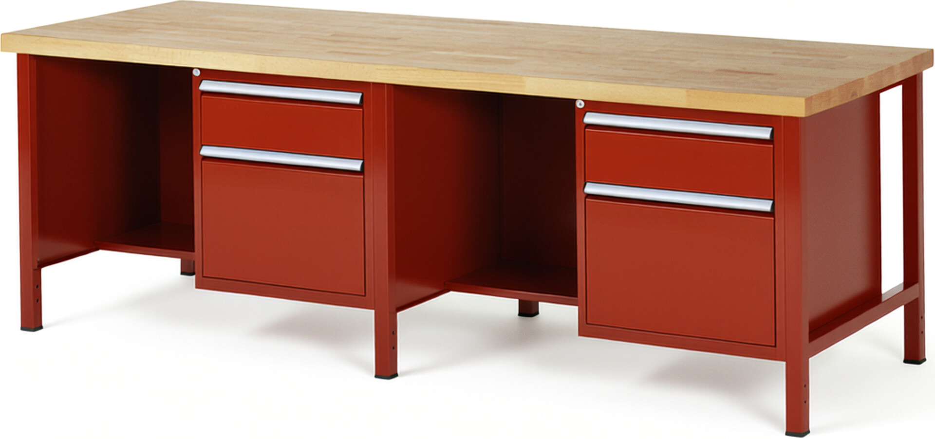 Werkbank Modell 8451 rot, BxTxH 2500x900x840 mm,  Buche-Massiv Arbeitsplatte 40 mm,  4 Schubladen mit  Vollauszug 100 % und  SoftClosing