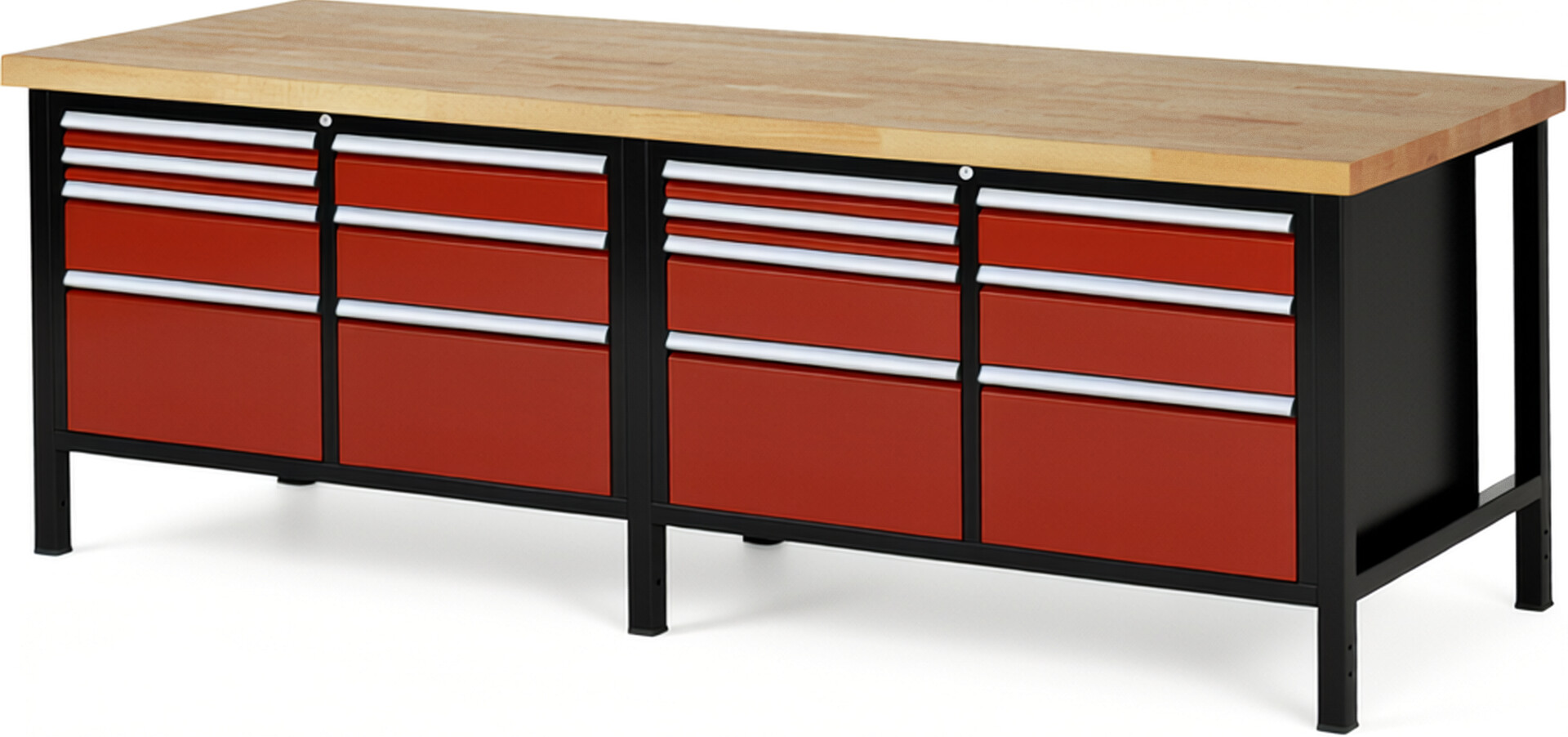 RAU Werkbank schwarz - rot - Breite 250 cm - Tiefe 90 cm - Höhe 104 cm - Buche-Massiv Arbeitsplatte 40 mm