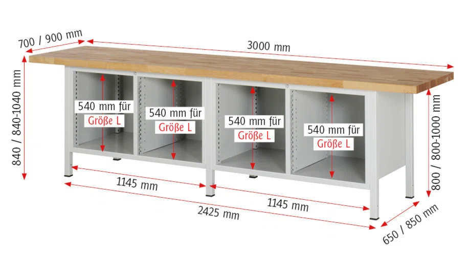 Werkbank Modell 8479 schwarz, BxTxH 3000x700x840-1040 mm,  Buche-Massiv Arbeitsplatte 40 mm,  18 Schubladen mit  Vollauszug 100 % und  SoftClosing