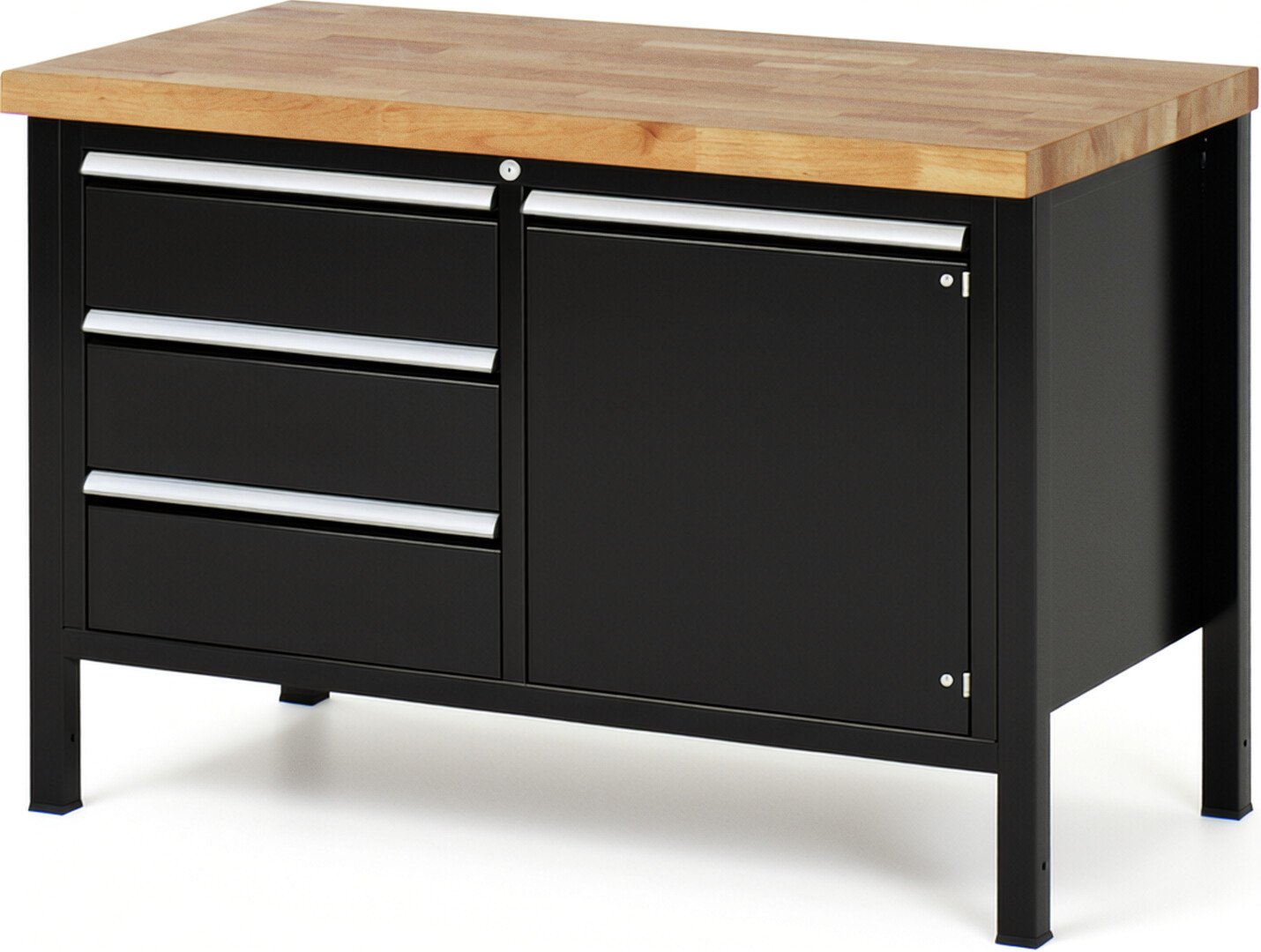 Werkbank Modell 8468 schwarz, BxTxH 1250x700x840-1040 mm,  Buche-Massiv Arbeitsplatte 40 mm,  3 Schubladen mit  Auszug 90 %