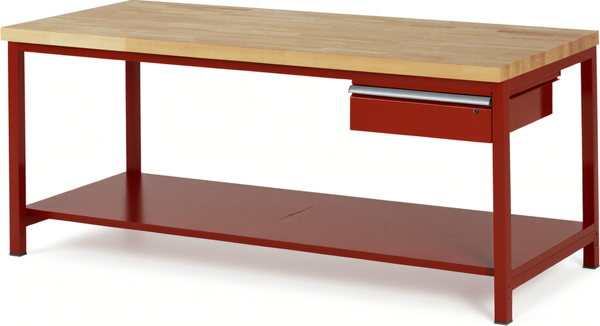 Werkbank Modell 8001 rot, BxTxH 2000x900x840-1040 mm,  Buche-Massiv Arbeitsplatte 40 mm,  1 Schublade mit  Auszug 90 %