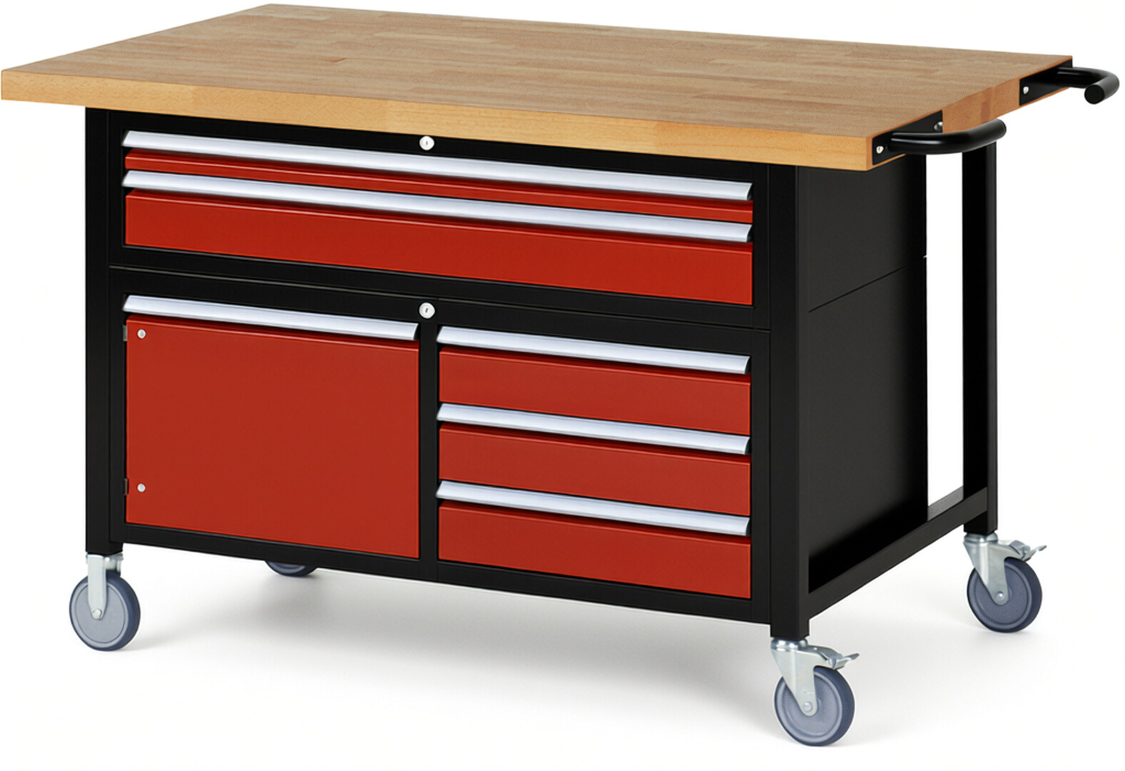 RAU Werkbank schwarz - rot - Breite 150 cm - Tiefe 90 cm - Höhe 112 cm - Buche-Massiv Arbeitsplatte 40 mm