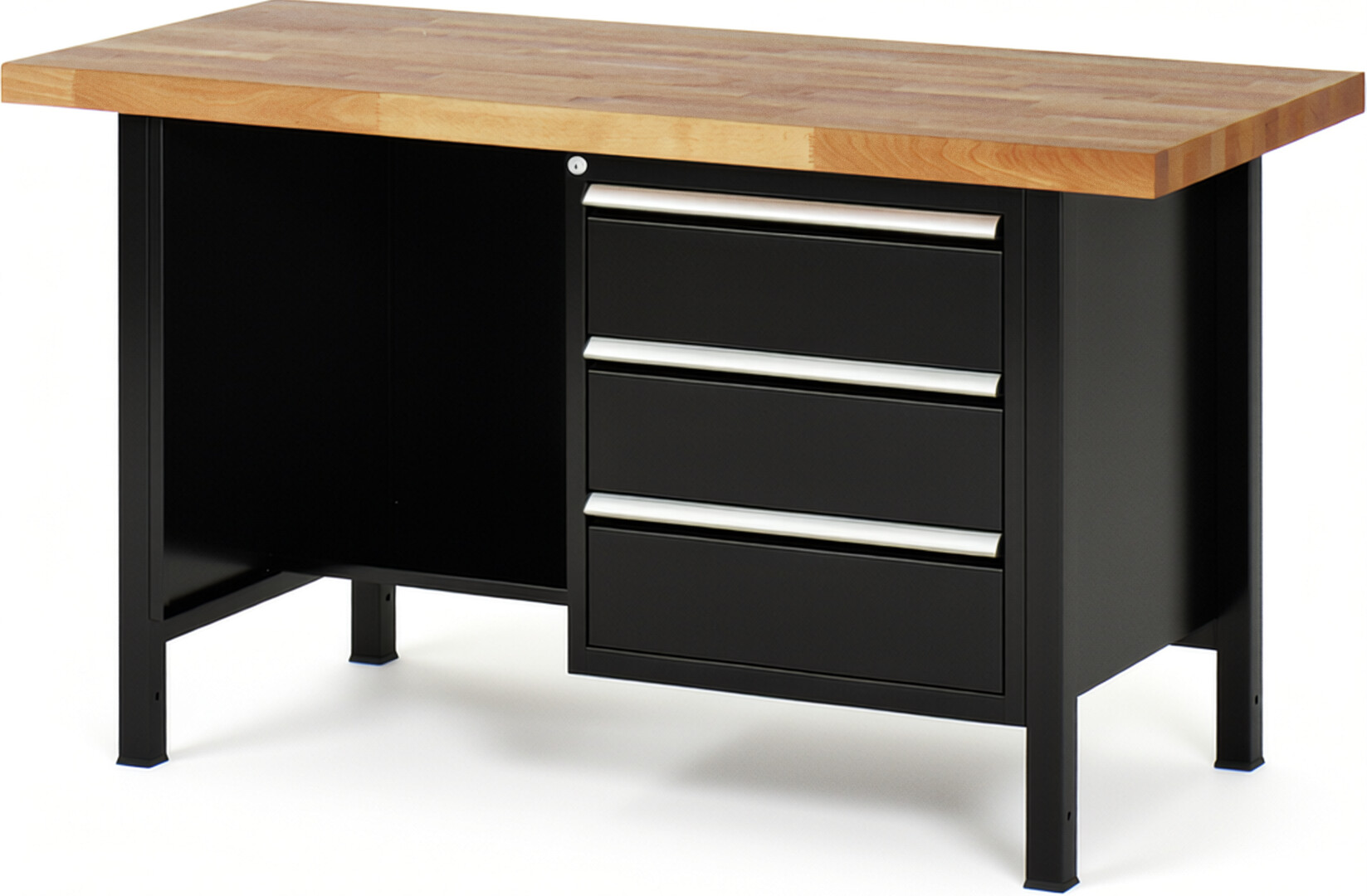 Werkbank Modell 8452 schwarz, BxTxH 1500x700x840 mm,  Buche-Massiv Arbeitsplatte 40 mm,  3 Schubladen mit  Vollauszug 100 % und  SoftClosing