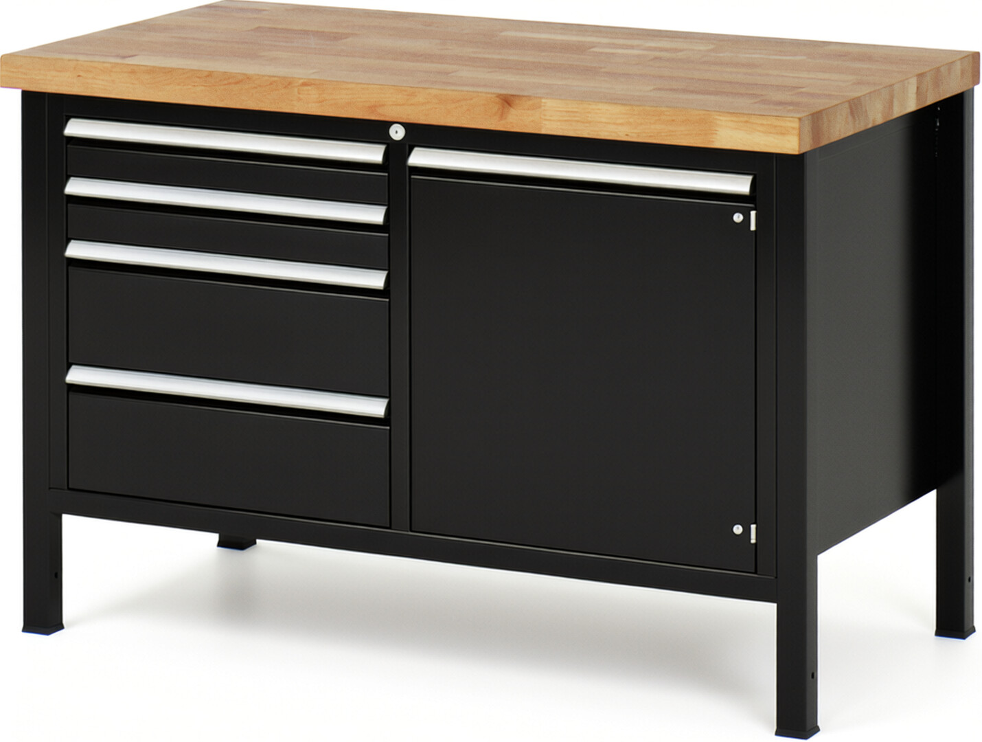 Werkbank Modell 8470 schwarz, BxTxH 1250x700x840-1040 mm,  Buche-Massiv Arbeitsplatte 40 mm,  4 Schubladen mit  Auszug 90 %