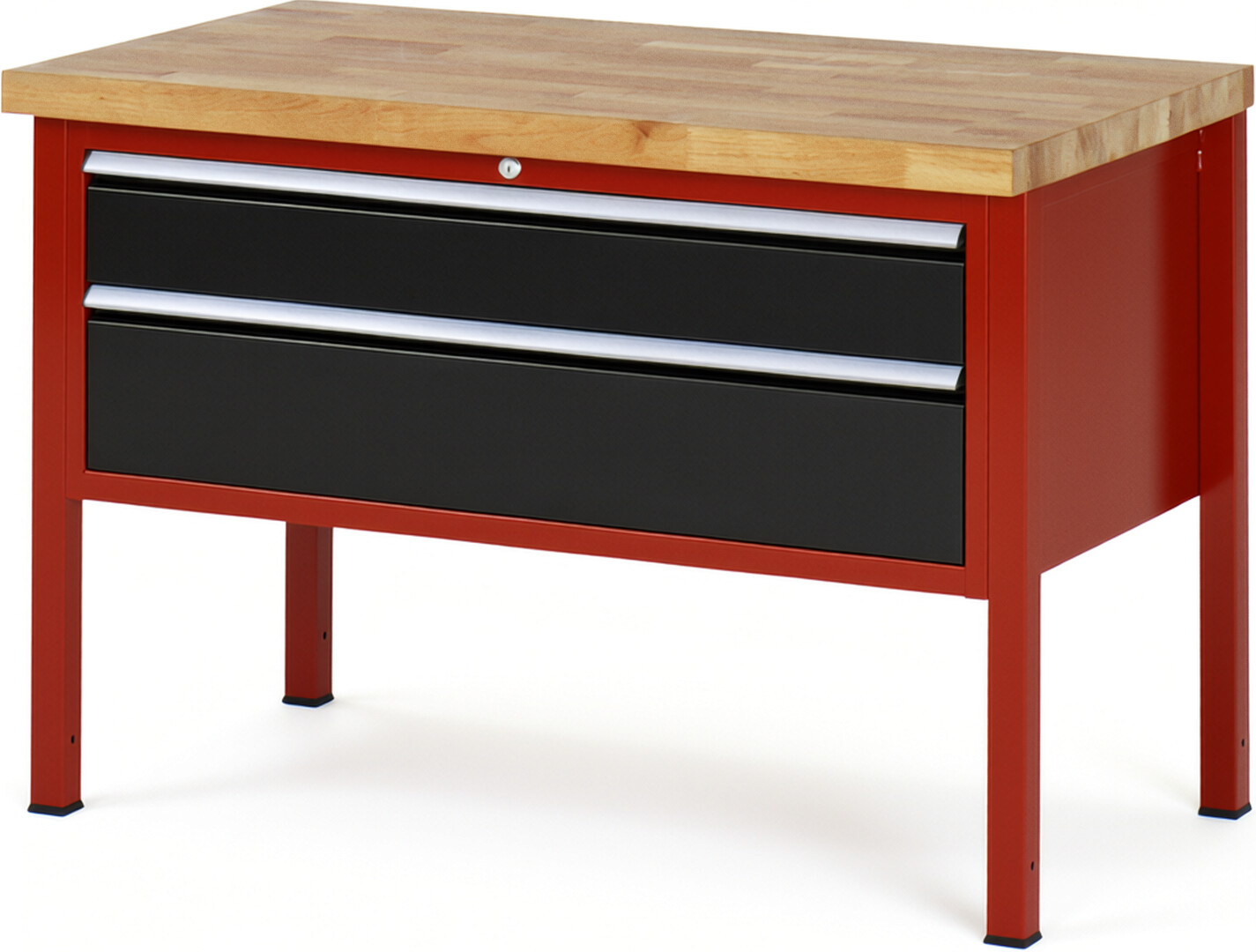Werkbank Modell 8323 rot - schwarz, BxTxH 1250x700x840 mm,  Buche-Massiv Arbeitsplatte 40 mm,  2 Schubladen mit  Vollauszug 100 % und  SoftClosing