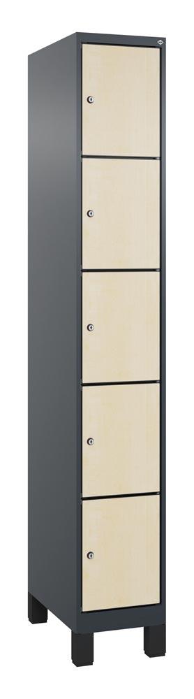 Fächerschrank mit MDF Türen, BxTxH 300x500x1.950 mm, 1x5 Fächer, Abteilbreite 300 mm, Füße, Schloss, HPL-Dekorfront, RAL 7016/Dekor Ahorn