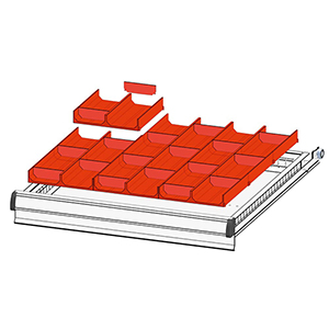 Schubladentrenner, Einteilungsmaterial-Set, 9 2-teilige Mulden, 153x153x28 mm, 18 Trenneinsätze, Muldenbreite 70 mm, passend für Gehäusegröße BxT 578x600 mm