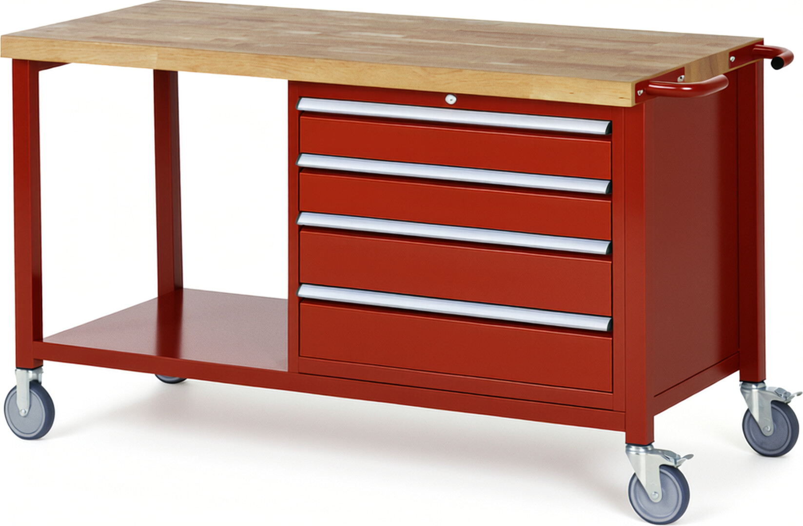 Fahrbare Werkbank Modell 8262 rot, BxTxH 1500x700x880 mm,  Buche-Massiv Arbeitsplatte 40 mm,  4 Schubladen mit  Vollauszug 100 % und  SoftClosing