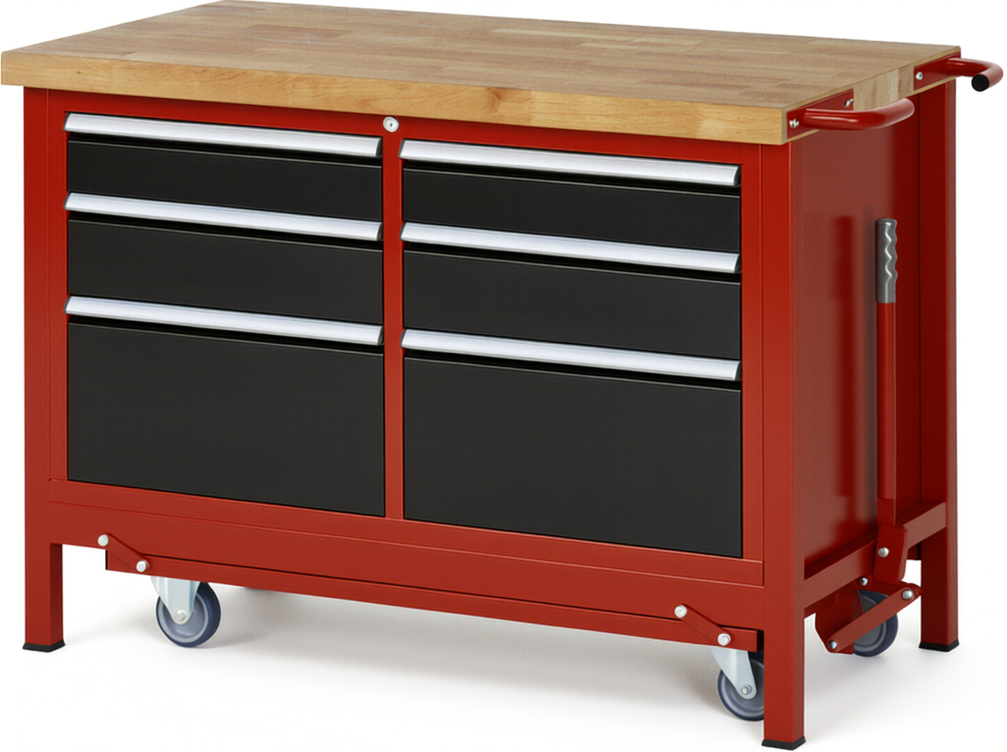 Absenkbare Werkbank Modell 8475 rot - schwarz, BxTxH 1250x700x880 mm,  Buche-Massiv Arbeitsplatte 40 mm,  6 Schubladen mit  Auszug 90 %