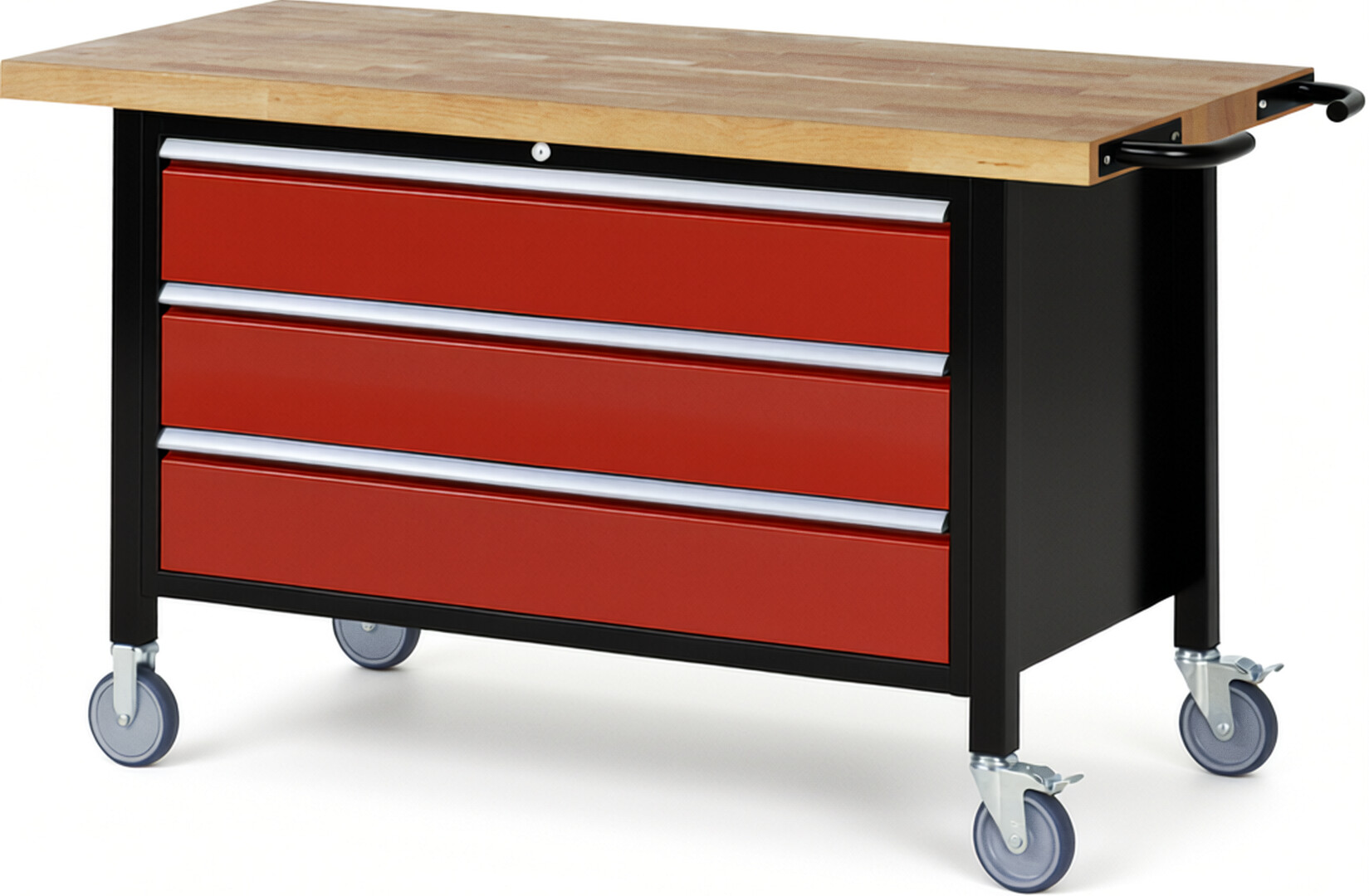 RAU Werkbank schwarz - rot - Breite 150 cm - Tiefe 70 cm - Höhe 108 cm - Buche-Massiv Arbeitsplatte 40 mm