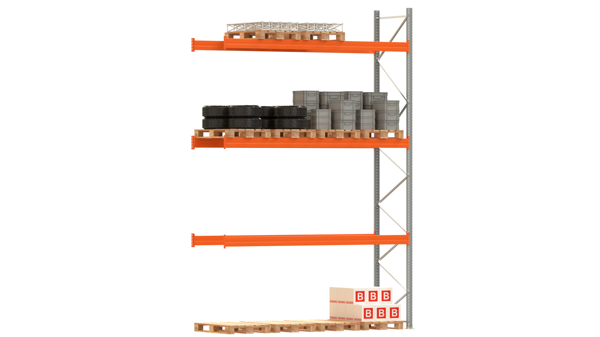 Palettenregal ARTUS - Anbaufeld - Breite 368,5 cm - Höhe 550 cm - Tiefe 110 cm - 3 Träger Ebenen