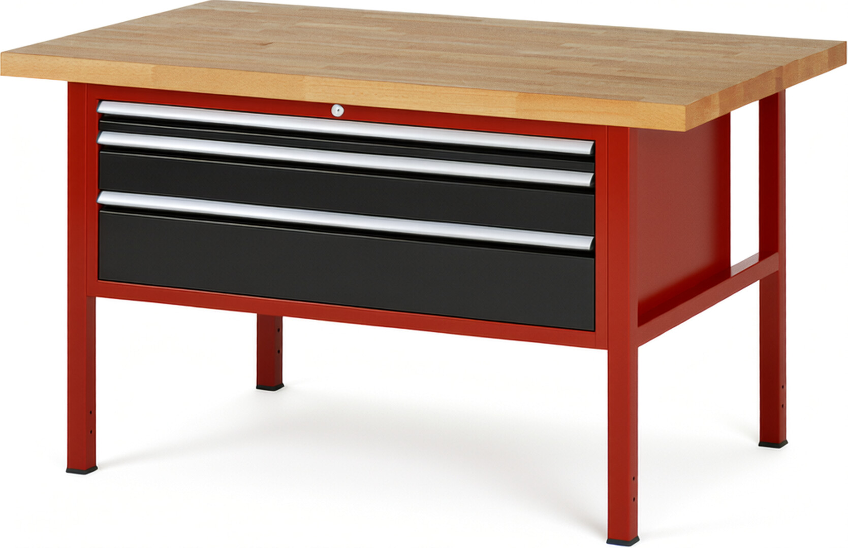 RAU Werkbank rot - schwarz - Breite 150 cm - Tiefe 90 cm - Höhe 104 cm - Buche-Massiv Arbeitsplatte 40 mm