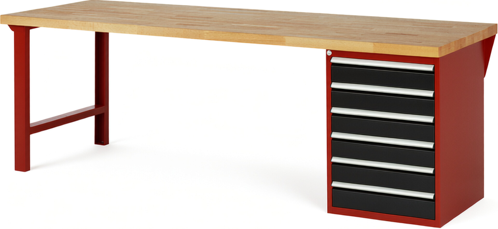 Werkbank Modell 7516 rot - schwarz, BxTxH 2500x900x840 mm,  Buche-Massiv Arbeitsplatte 40 mm,  6 Schubladen mit  Vollauszug 100 % und  SoftClosing