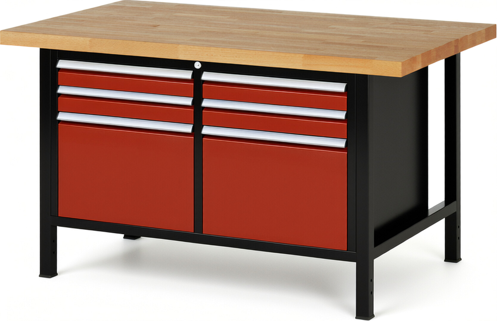 RAU Werkbank schwarz - rot - Breite 150 cm - Tiefe 90 cm - Höhe 84 cm - Buche-Massiv Arbeitsplatte 40 mm
