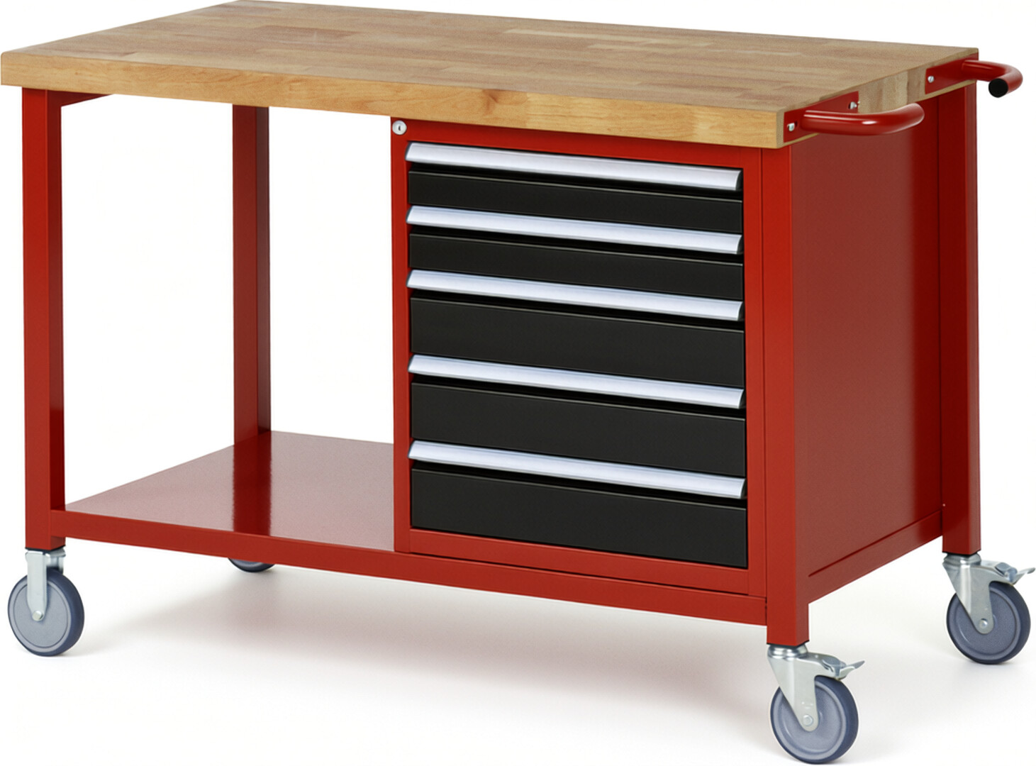 Fahrbare Werkbank Modell 8171 rot - schwarz, BxTxH 1250x700x880-1080 mm,  Buche-Massiv Arbeitsplatte 40 mm,  5 Schubladen mit  Vollauszug 100 % und  SoftClosing
