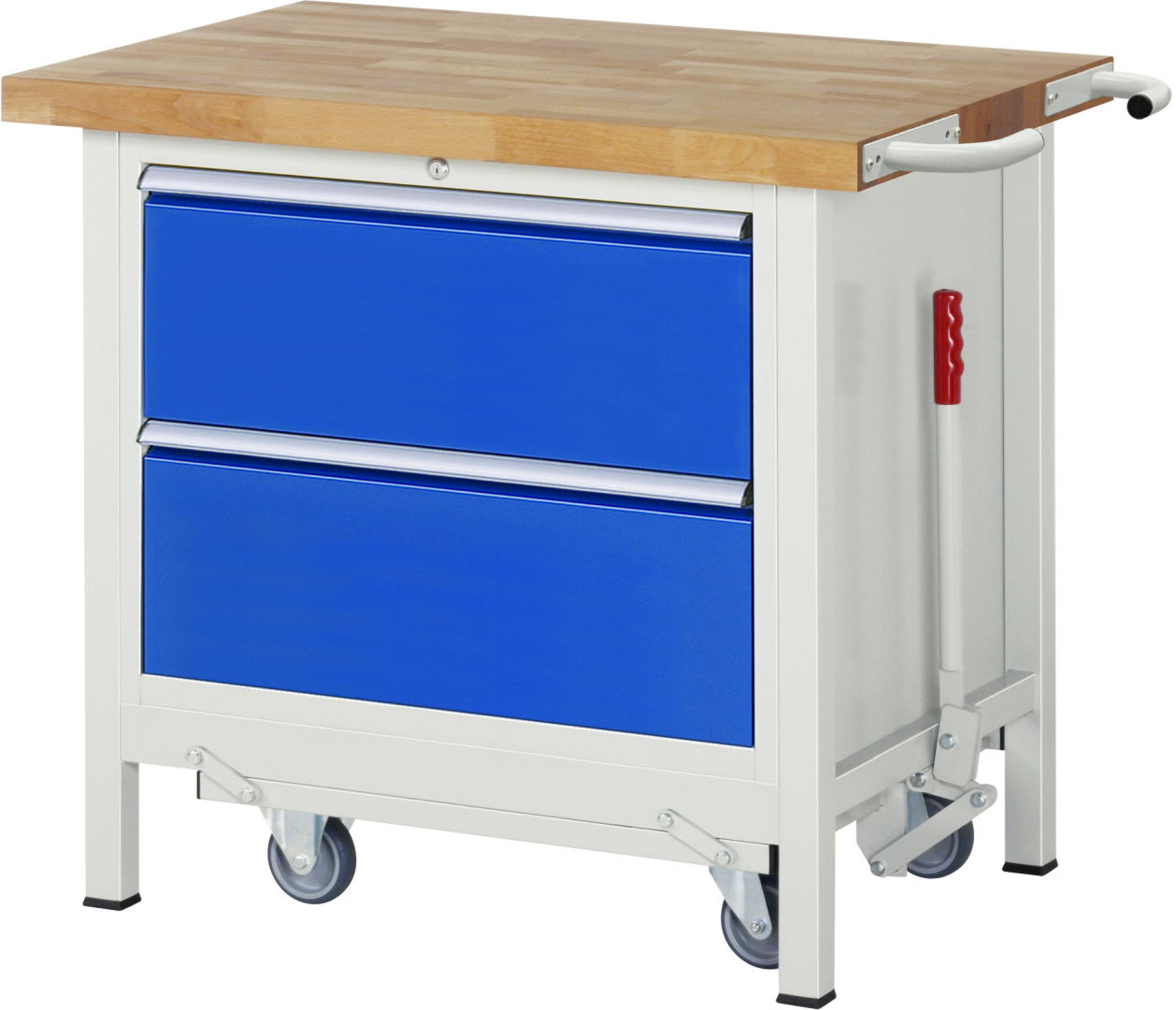 Absenkbare Werkbank Modell 8255 rot - schwarz, BxTxH 1000x700x880 mm,  Buche-Massiv Arbeitsplatte 40 mm,  2 Schubladen mit  Auszug 90 %