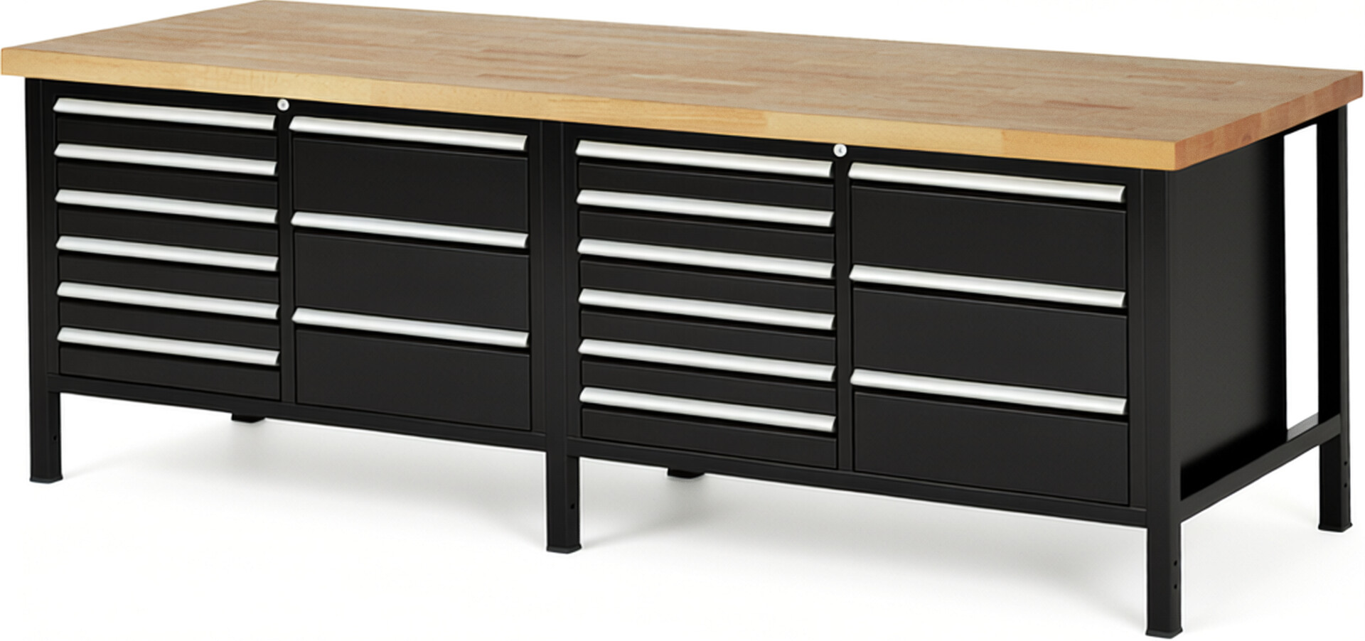 RAU Werkbank schwarz - Breite 250 cm - Tiefe 90 cm - Höhe 84 cm - Buche-Massiv Arbeitsplatte 40 mm