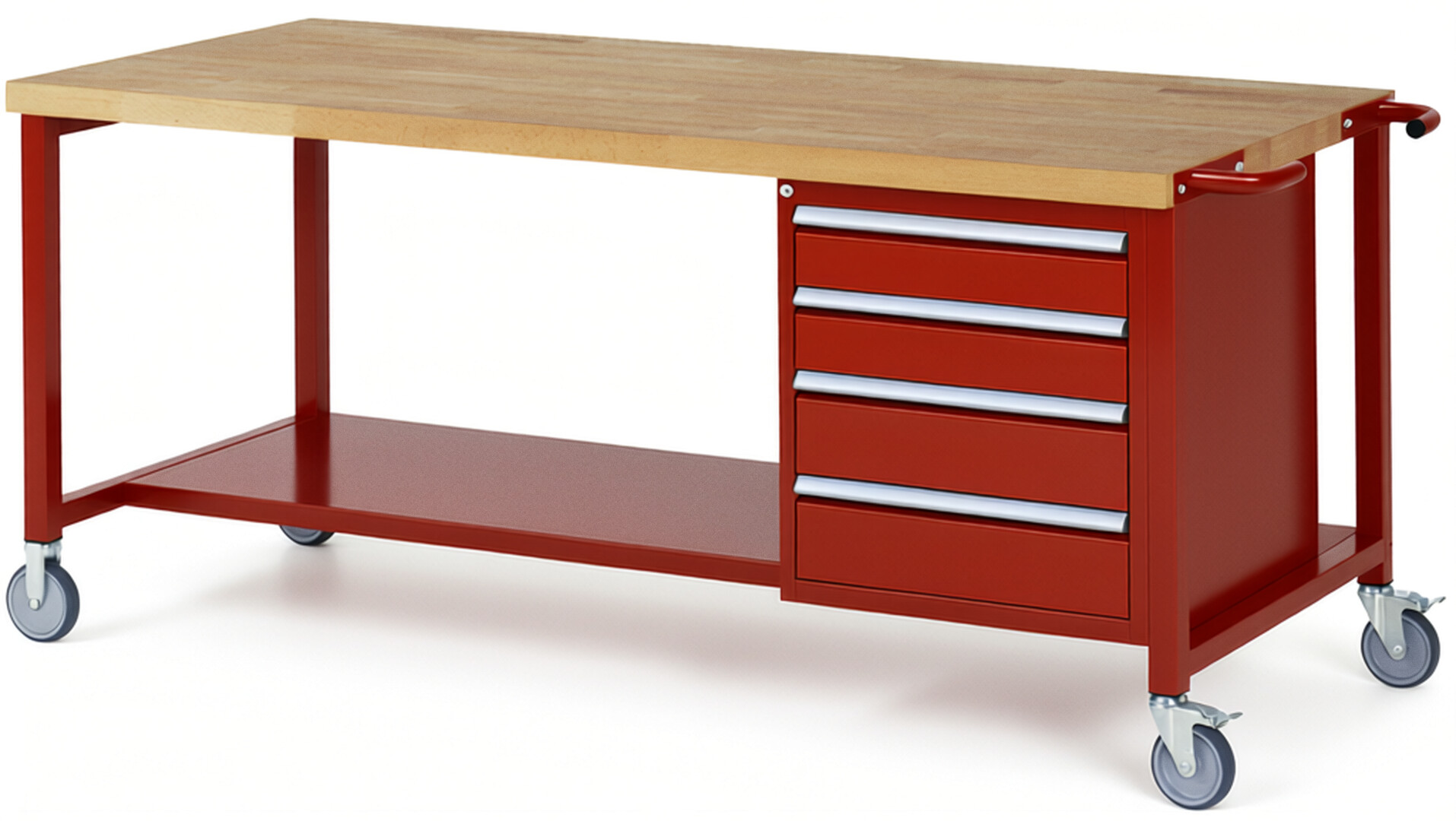 Fahrbare Werkbank Modell 8162 rot, BxTxH 2000x900x880 mm,  Buche-Massiv Arbeitsplatte 40 mm,  4 Schubladen mit  Auszug 90 %