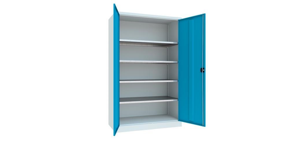 Flügeltürenschrank - Vollblechtüren - 1.950x1.200x600 mm (HxBxT) - 4 Einlegeböden verzinkt - Zylinderschloss - lichtgrau/himmelblau