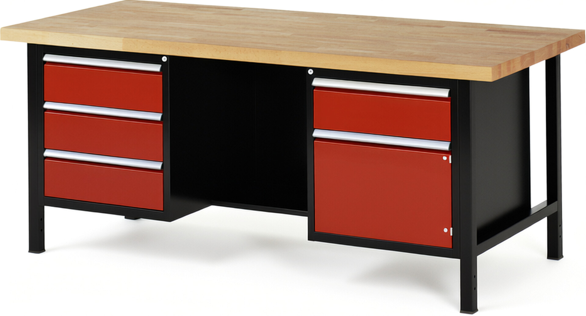 RAU Werkbank schwarz - rot - Breite 200 cm - Tiefe 90 cm - Höhe 104 cm - Buche-Massiv Arbeitsplatte 40 mm