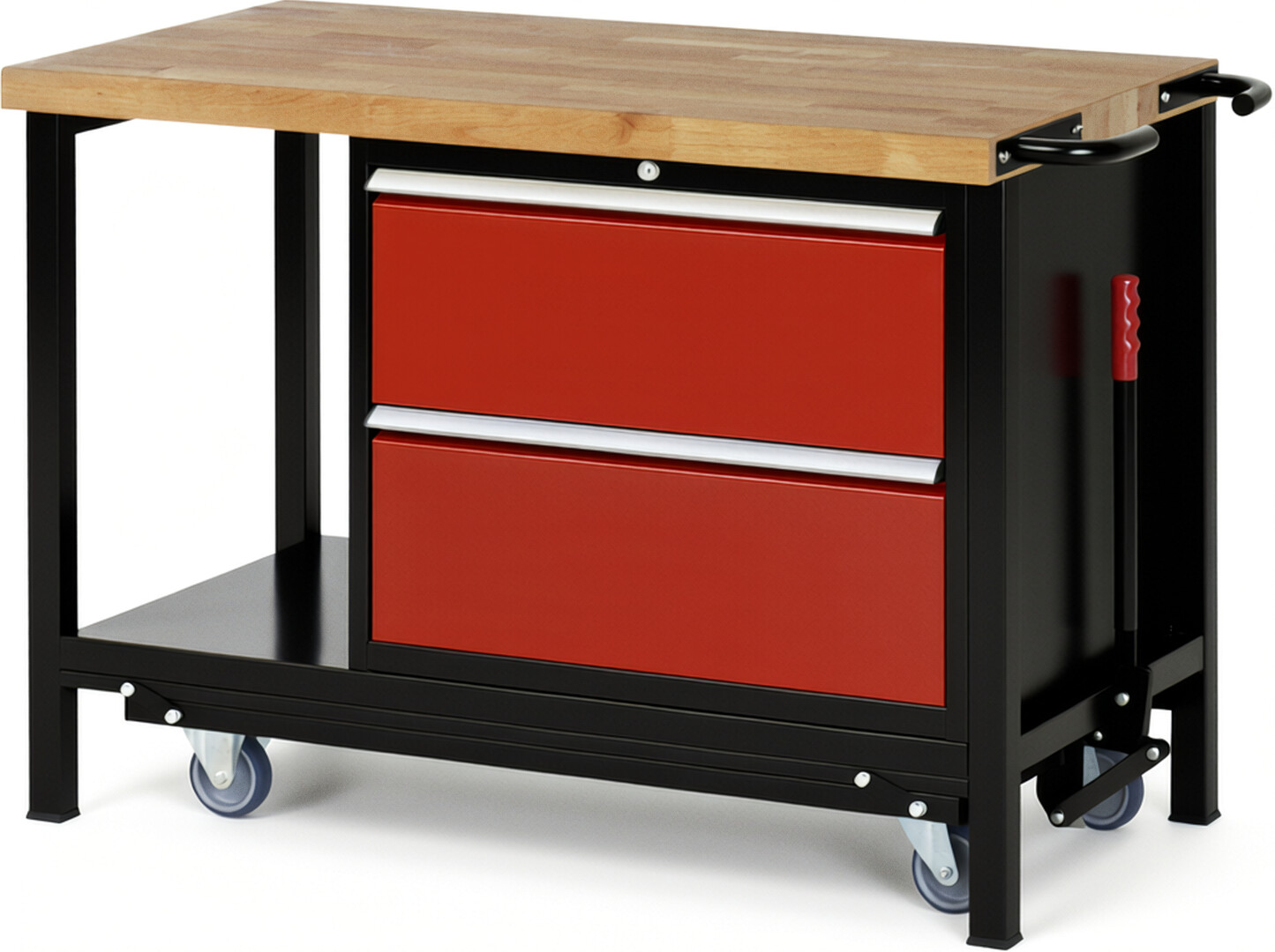 RAU Werkbank schwarz - rot - Breite 125 cm - Tiefe 70 cm - Höhe 88 cm - Buche-Massiv Arbeitsplatte 40 mm