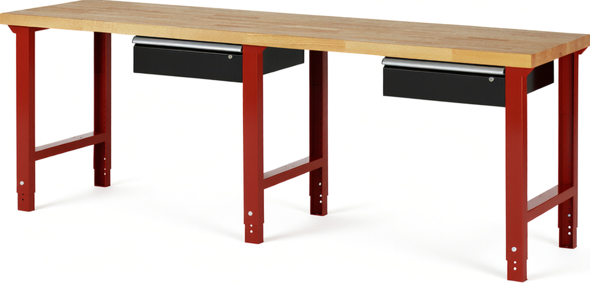 Werkbank Modell 7001 rot - schwarz, BxTxH 2500x700x790-1140 mm,  Buche-Massiv Arbeitsplatte 40 mm,  2 Schubladen mit  Auszug 90 %