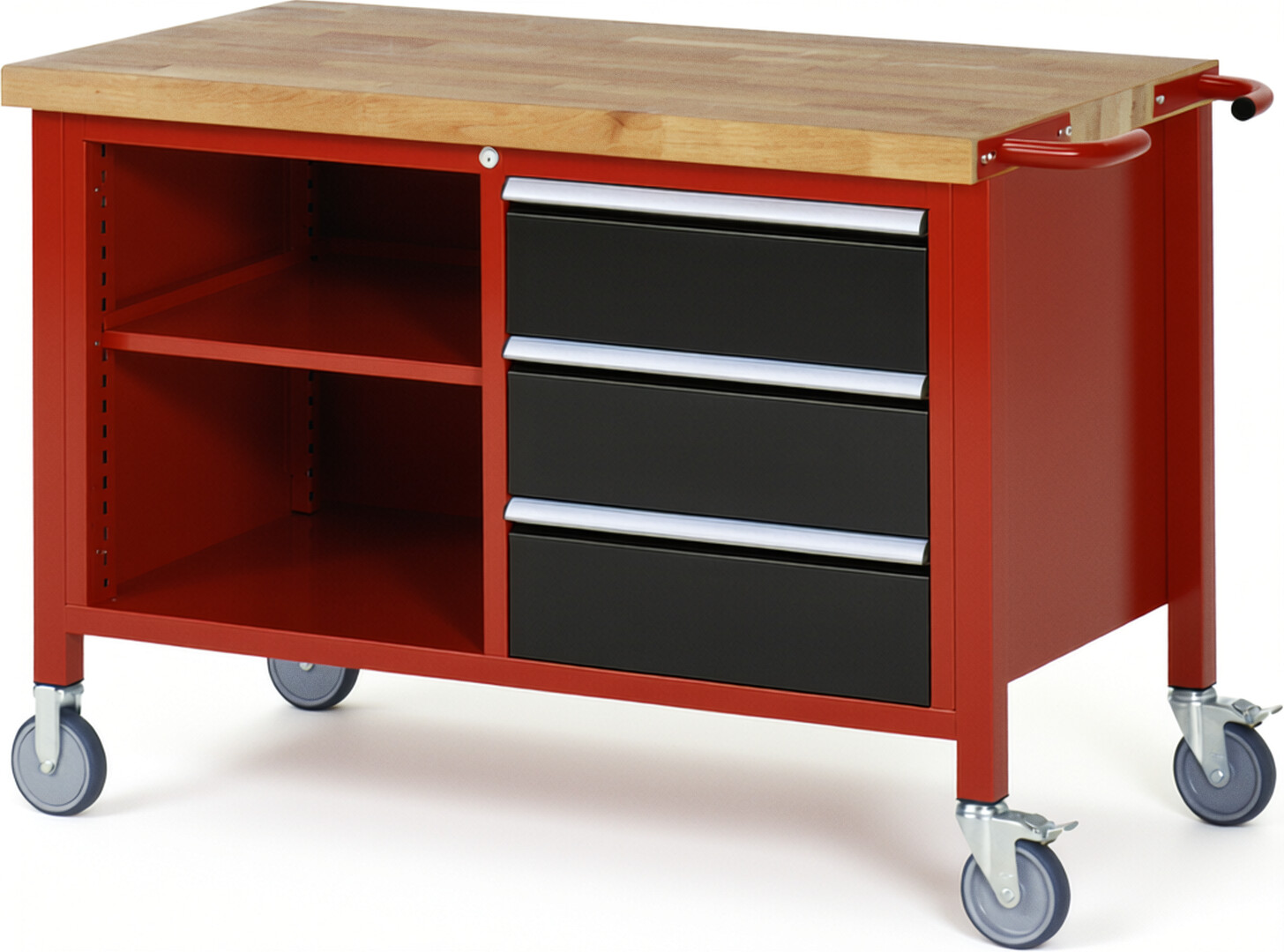 Fahrbare Werkbank Modell 8462 rot - schwarz, BxTxH 1250x700x880 mm,  Buche-Massiv Arbeitsplatte 40 mm,  3 Schubladen mit  Auszug 90 %