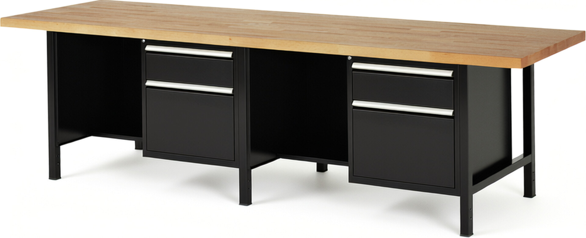 Werkbank Modell 8451 schwarz, BxTxH 3000x900x840 mm,  Buche-Massiv Arbeitsplatte 40 mm,  4 Schubladen mit  Auszug 90 %