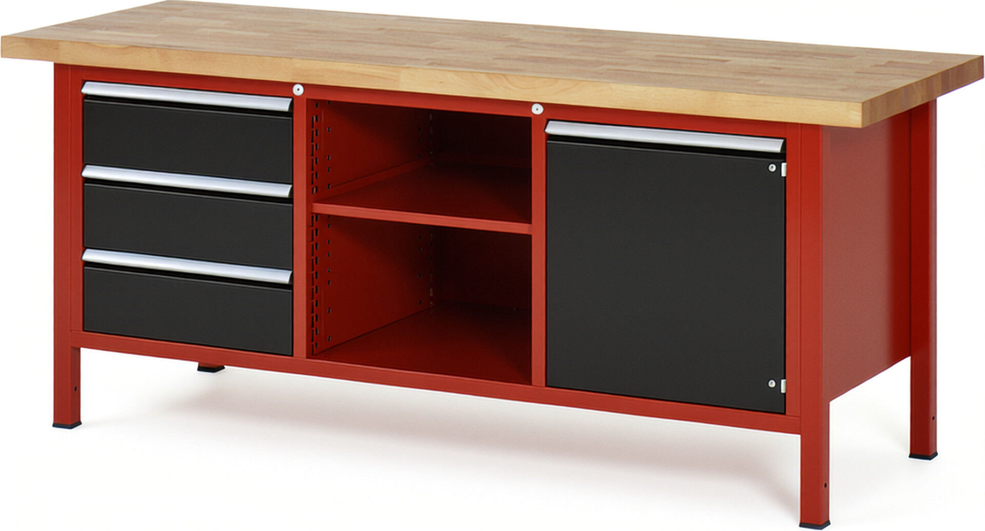 Werkbank Modell 8563 rot - schwarz, BxTxH 2000x700x840-1040 mm,  Buche-Massiv Arbeitsplatte 40 mm,  3 Schubladen mit  Auszug 90 %