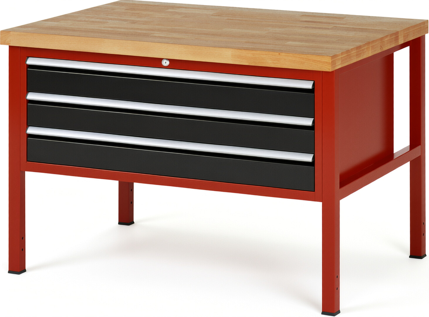 Werkbank Modell 8327 rot - schwarz, BxTxH 1250x900x840 mm,  Buche-Massiv Arbeitsplatte 40 mm,  3 Schubladen mit  Vollauszug 100 % und  SoftClosing