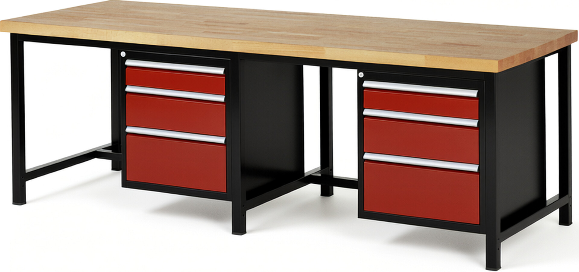 RAU Werkbank schwarz - rot - Breite 250 cm - Tiefe 90 cm - Höhe 104 cm - Buche-Massiv Arbeitsplatte 40 mm