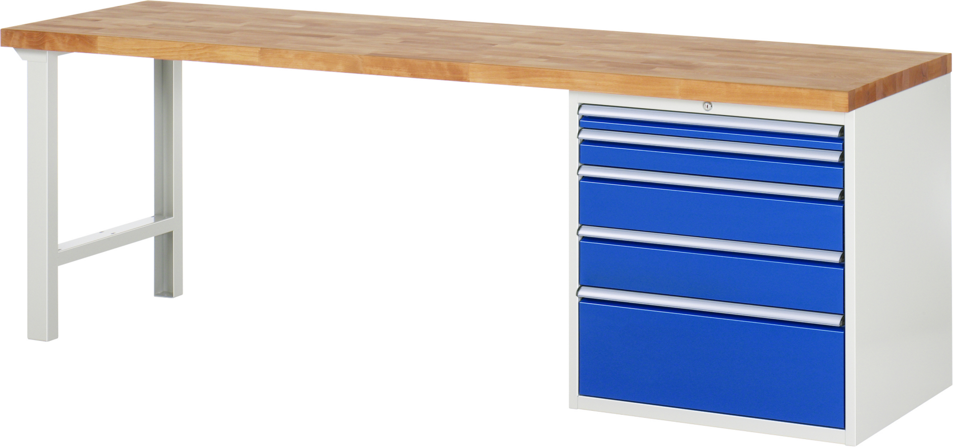 Werkbank Modell 7611 schwarz, BxTxH 2500x700x840 mm,  Buche-Massiv Arbeitsplatte 40 mm,  5 Schubladen mit  Auszug 90 %