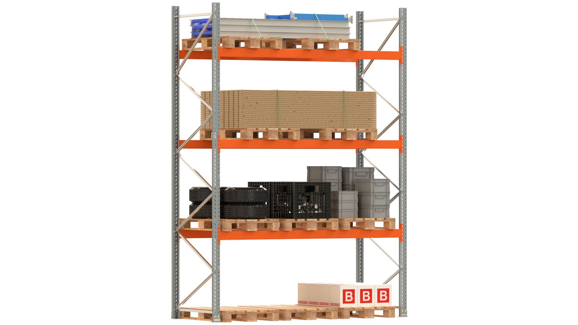 Palettenregal ARTUS - Grundfeld - Breite 287 cm - Höhe 400 cm - Tiefe 110 cm - 3 Träger Ebenen