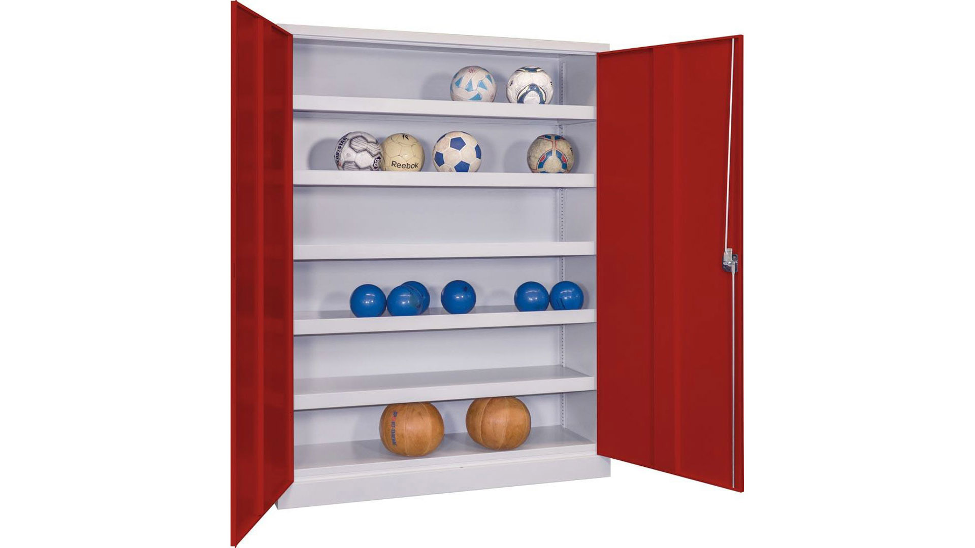 Sportschrank, Ballschrank - Lochfeldtüren - 5 Böden - 1.950x1.200x500 mm (HxBxT) - lichtgrau/rubinrot