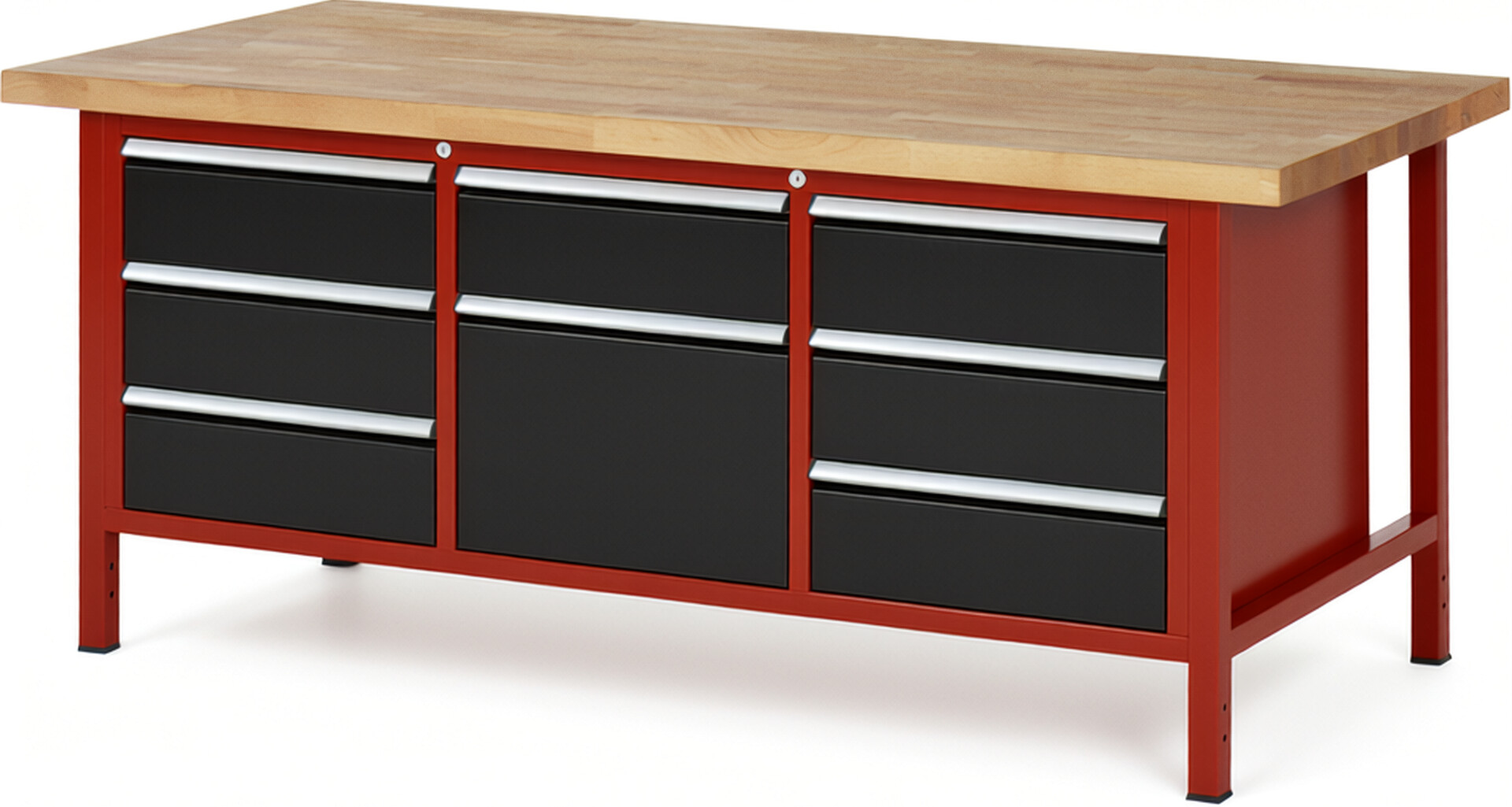 Werkbank Modell 8571 rot - schwarz, BxTxH 2000x900x840-1040 mm,  Buche-Massiv Arbeitsplatte 40 mm,  8 Schubladen mit  Auszug 90 %