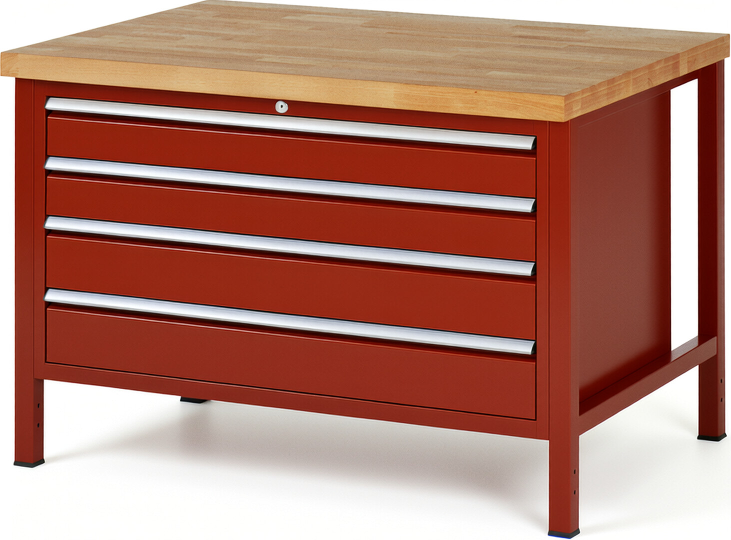 Werkbank Modell 8362 rot, BxTxH 1250x900x840 mm,  Buche-Massiv Arbeitsplatte 40 mm,  4 Schubladen mit  Vollauszug 100 % und  SoftClosing