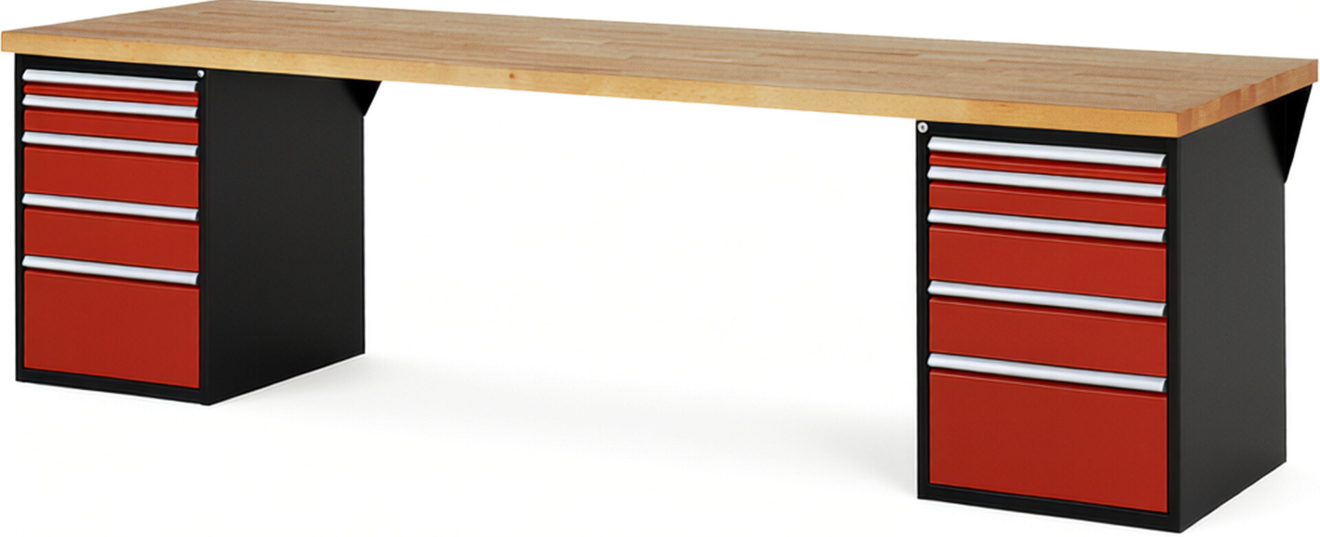 RAU Werkbank schwarz - rot - Breite 300 cm - Tiefe 90 cm - Höhe 89 cm - Buche-Massiv Arbeitsplatte 40 mm