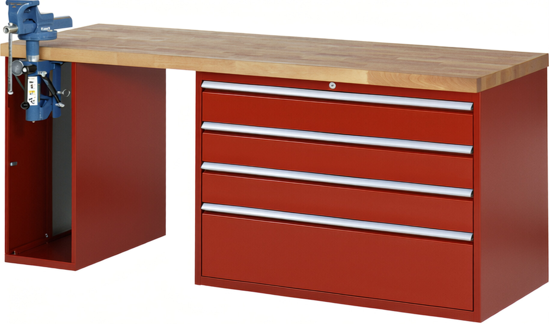 RAU Werkbank rot - Breite 200 cm - Tiefe 70 cm - Höhe 84 cm - Buche-Massiv Arbeitsplatte 40 mm