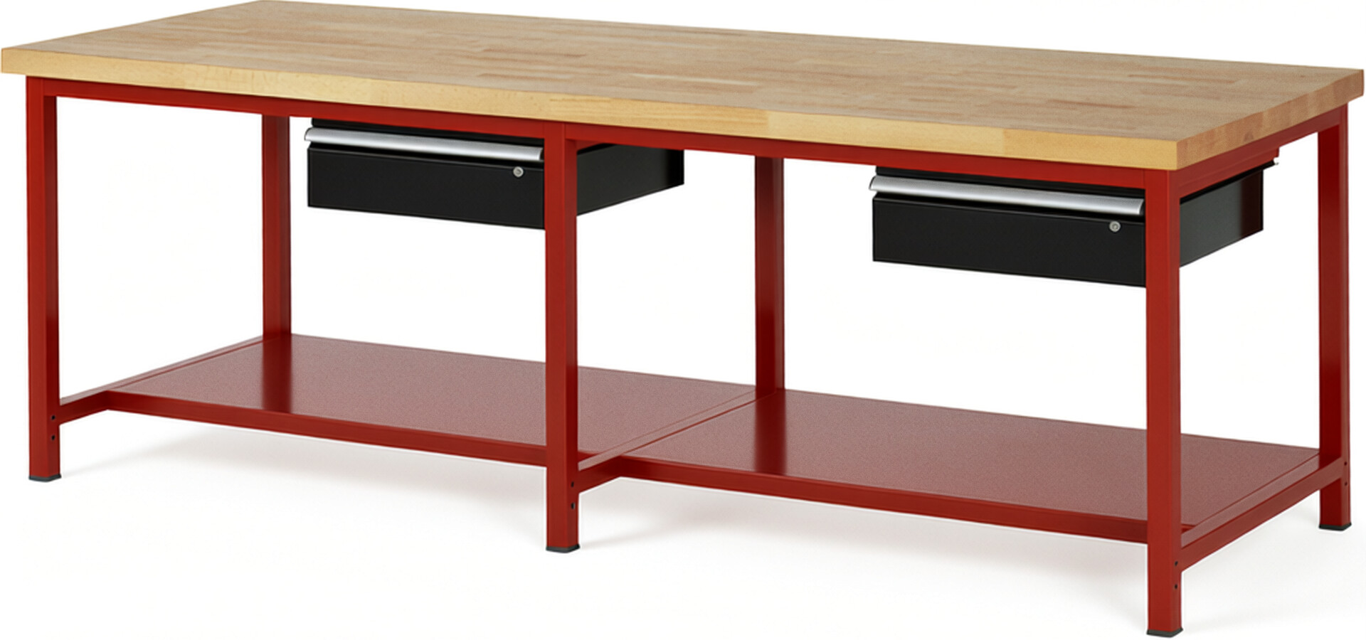 Werkbank Modell 8001 rot - schwarz, BxTxH 2500x900x840 mm,  Buche-Massiv Arbeitsplatte 40 mm,  2 Schubladen mit  Auszug 90 %