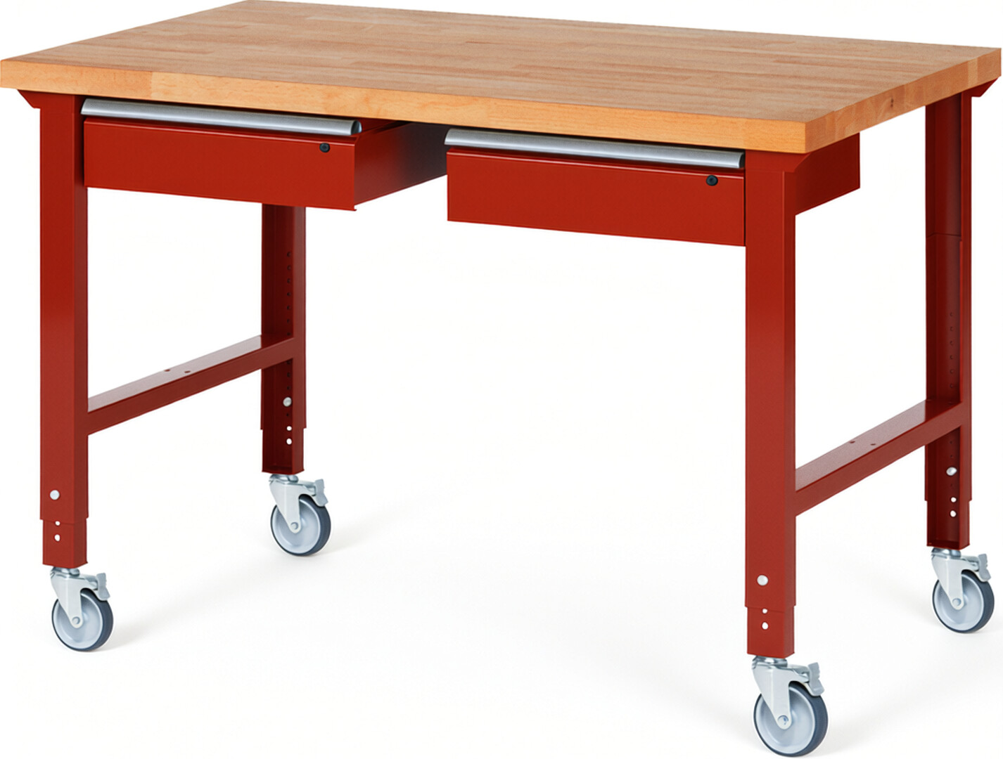 RAU Werkbank rot - Breite 150 cm - Tiefe 90 cm - Höhe 100 cm - Buche-Massiv Arbeitsplatte 40 mm