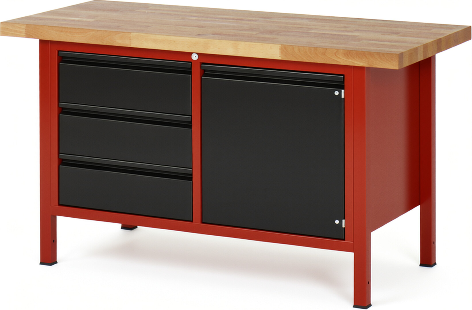 Werkbank, Platte Buche 40 mm rot - schwarz, BxTxH 1500x700x840 mm, 3 Schubladen 180 mm, 1 Tür 540 mm, 1 Fachboden, RAL 3000/9011