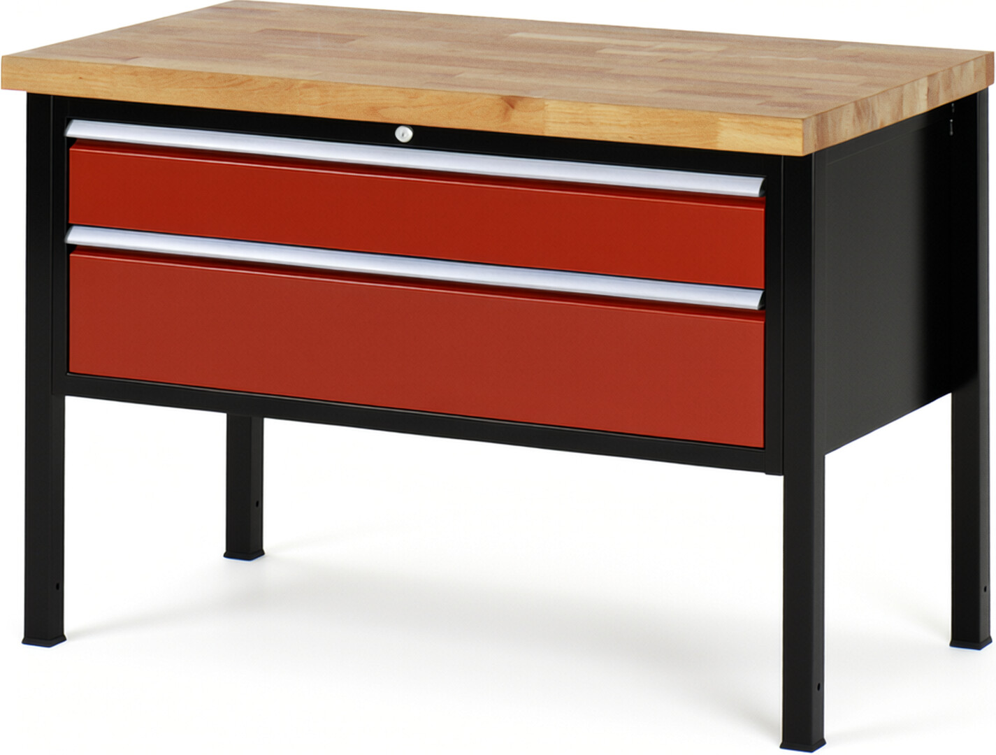 RAU Werkbank schwarz - rot - Breite 125 cm - Tiefe 70 cm - Höhe 104 cm - Buche-Massiv Arbeitsplatte 40 mm