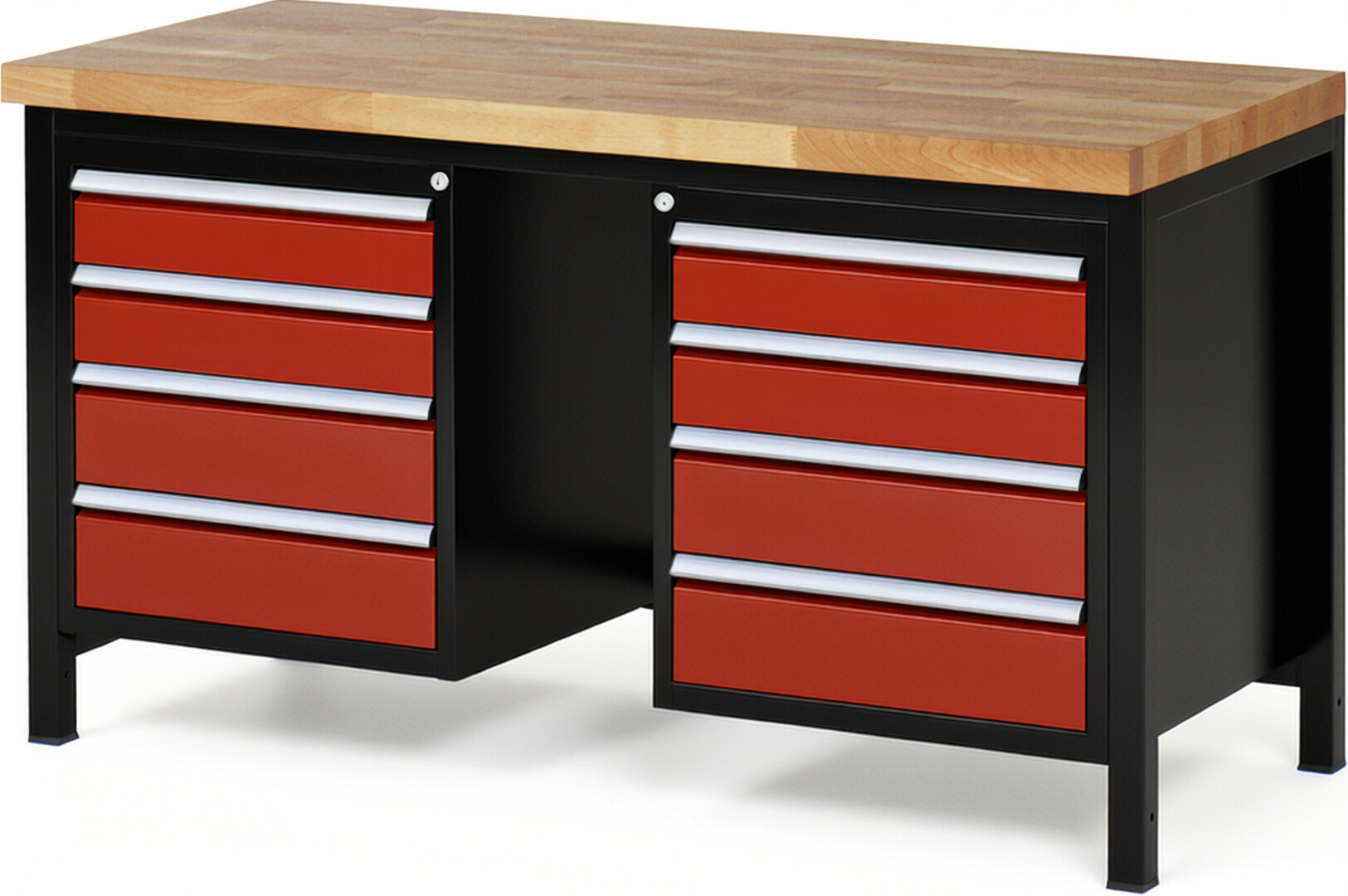 Werkbank Modell 8181 schwarz-rot, BxTxH 1500x700x840-1040 mm,  Buche-Massiv Arbeitsplatte 40 mm,  8 Schubladen mit  Vollauszug 100 % und  SoftClosing