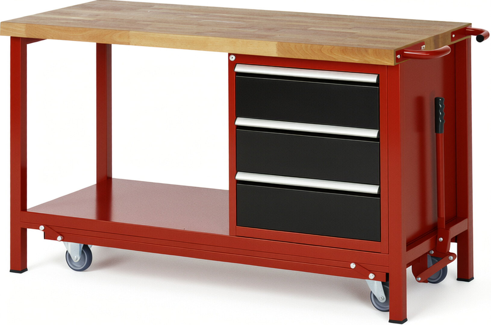 Absenkbare Werkbank Modell 8157 rot - schwarz, BxTxH 1500x700x880 mm,  Buche-Massiv Arbeitsplatte 40 mm,  3 Schubladen mit  Vollauszug 100 % und  SoftClosing
