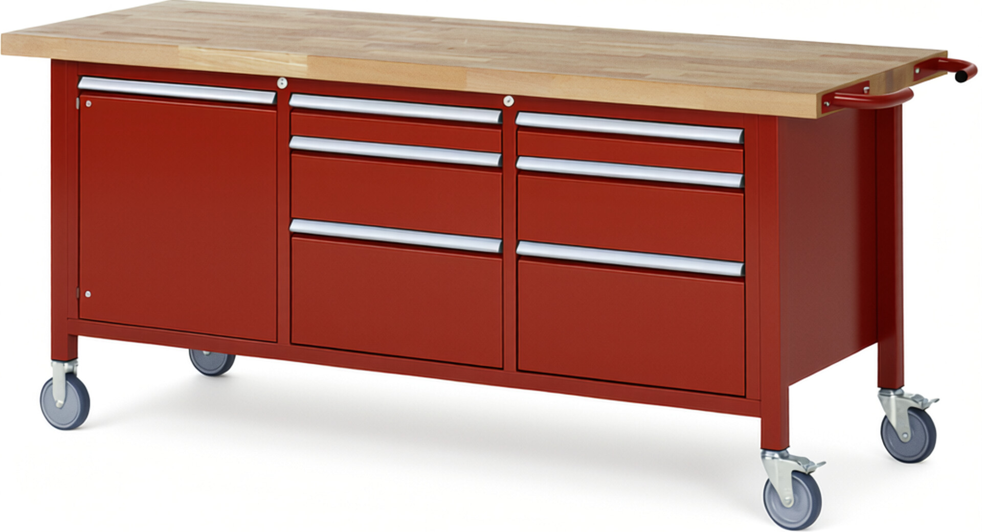 Fahrbare Werkbank Modell 8570 rot, BxTxH 2000x700x880 mm,  Buche-Massiv Arbeitsplatte 40 mm,  6 Schubladen mit  Vollauszug 100 % und  SoftClosing