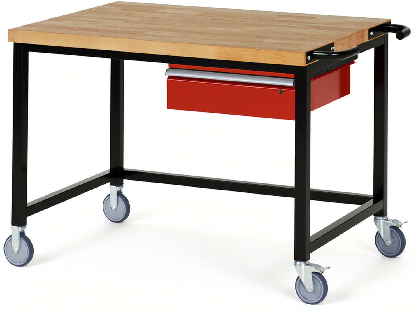 Fahrbare Werkbank Modell 8001 schwarz-rot, BxTxH 1250x900x880-1080 mm,  Buche-Massiv Arbeitsplatte 40 mm,  1 Schublade mit  Auszug 90 %